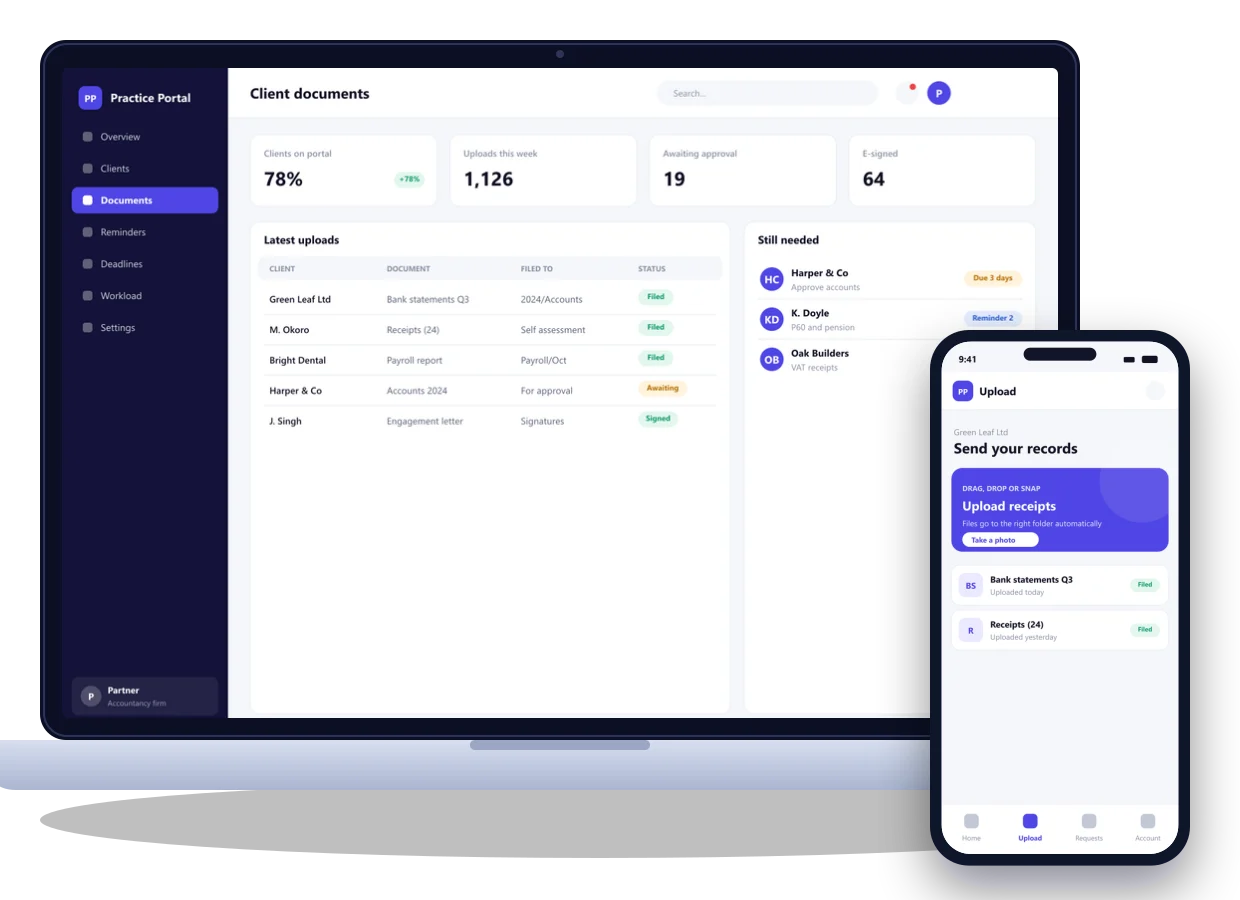 The practice portal on a laptop and a phone (designed product screens)