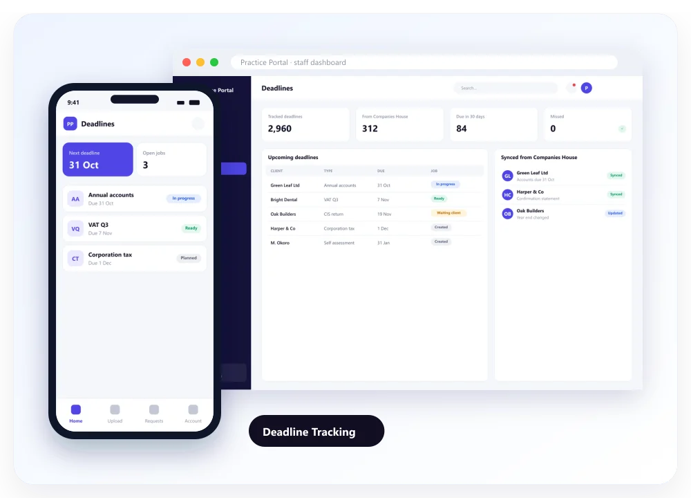 Deadline Tracking: designed screens on desktop and mobile