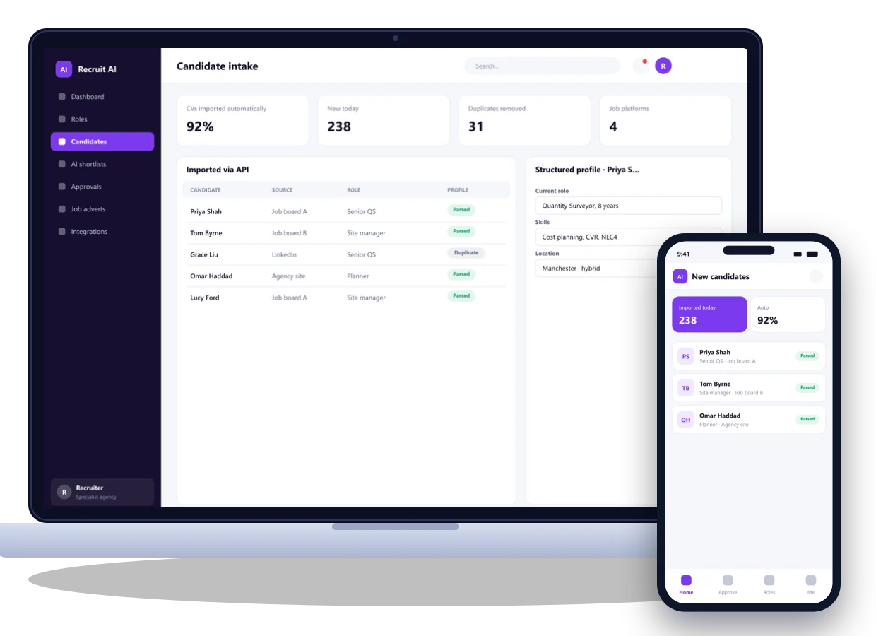 The AI recruitment platform on a laptop and a phone (designed product screens)