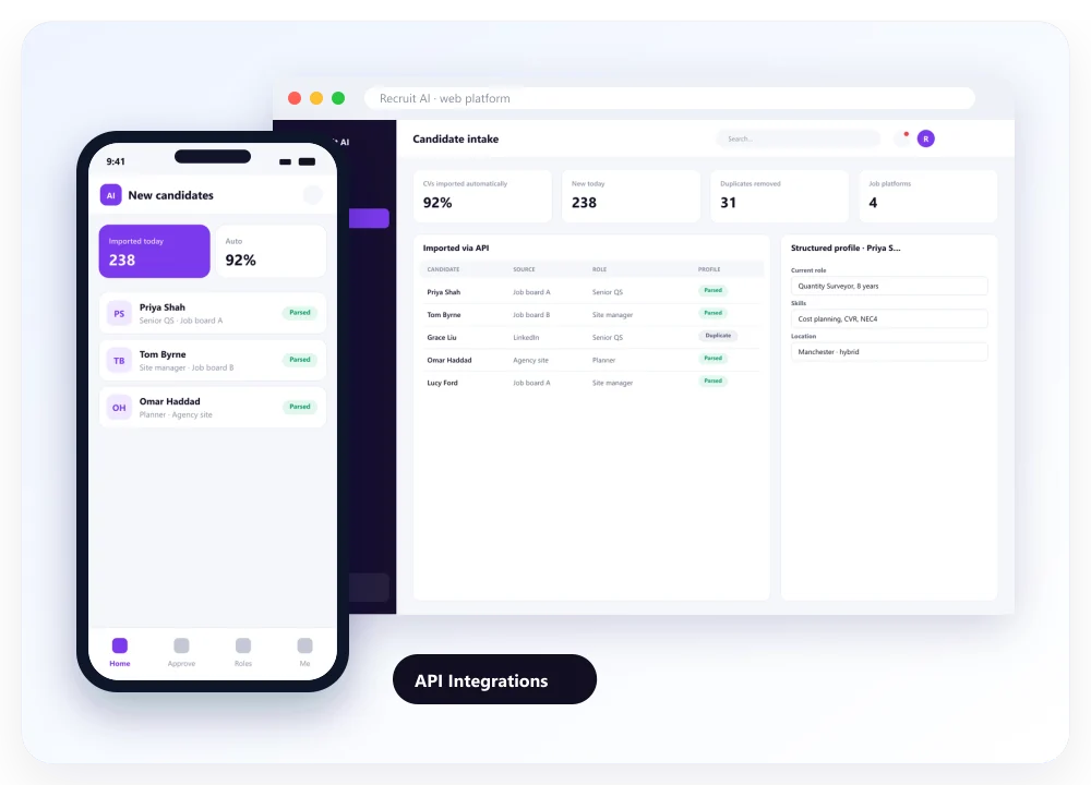 API Integrations: designed screens on desktop and mobile