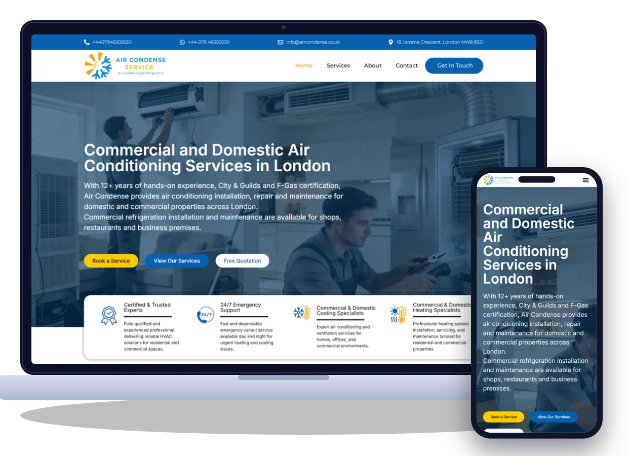 The live Air Condense website (aircondense.co.uk) on a laptop and a phone