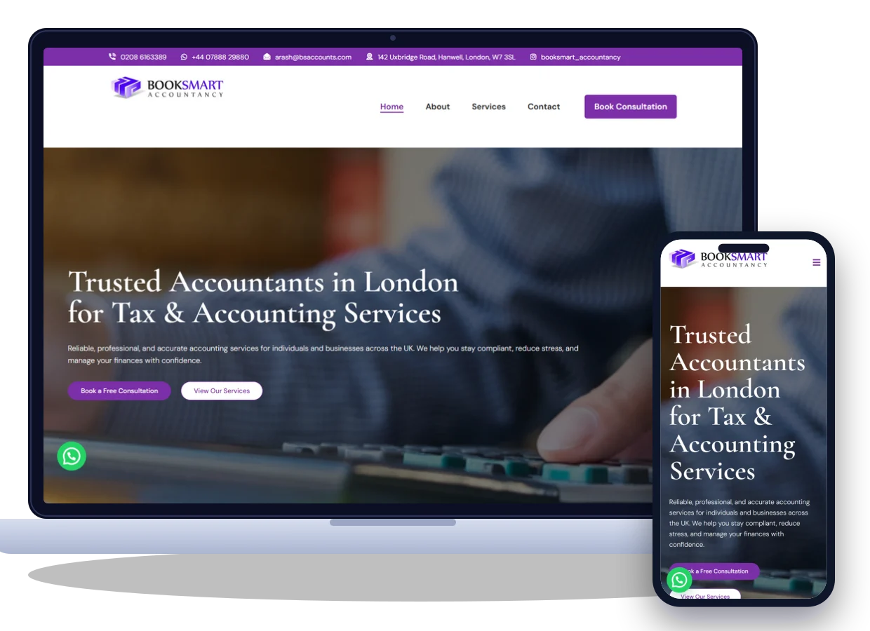 The Book Smart Accountancy website (bsaccounts.com) on a laptop and a phone