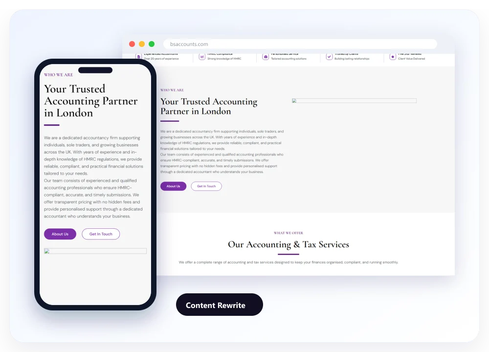 The "Who We Are" section of bsaccounts.com on desktop and on a phone