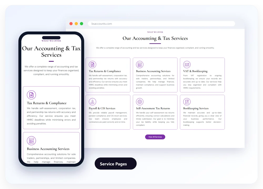 The accounting and tax services of bsaccounts.com on desktop and on a phone