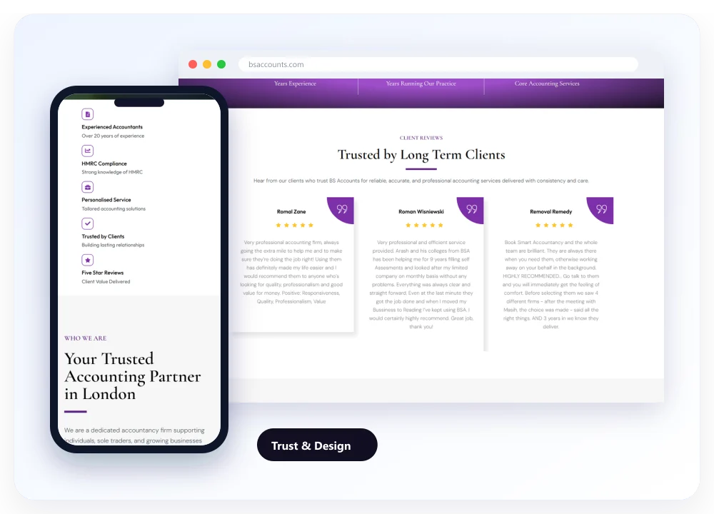 The experience figures, trust points and client reviews of bsaccounts.com on desktop and on a phone