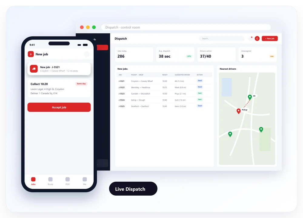 Live Dispatch: designed screens on desktop and mobile