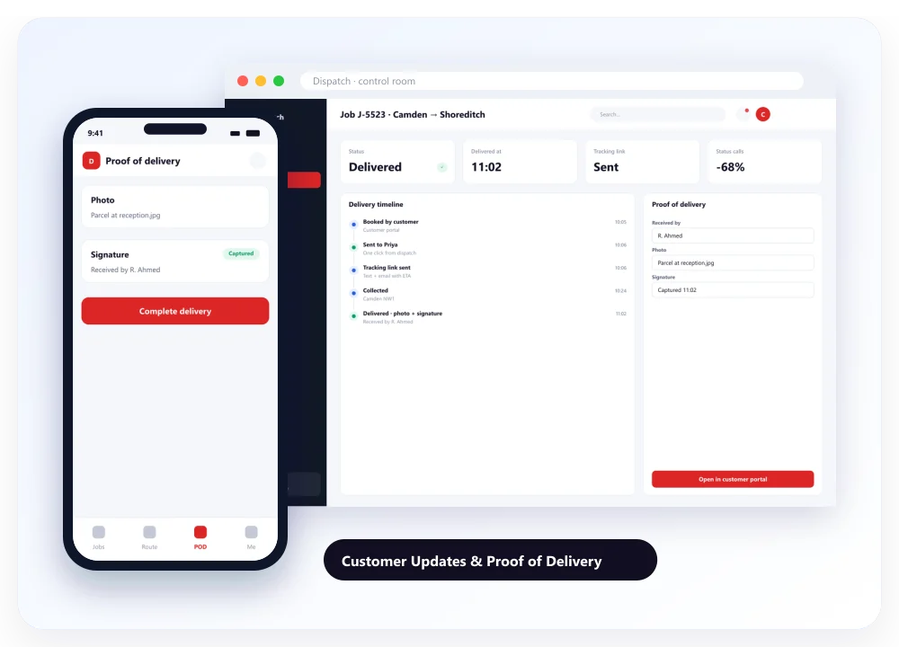 Customer Updates & Proof of Delivery: designed screens on desktop and mobile