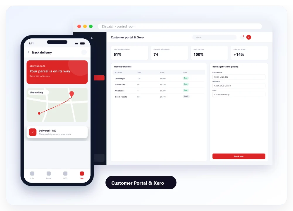 Customer Portal & Xero: designed screens on desktop and mobile