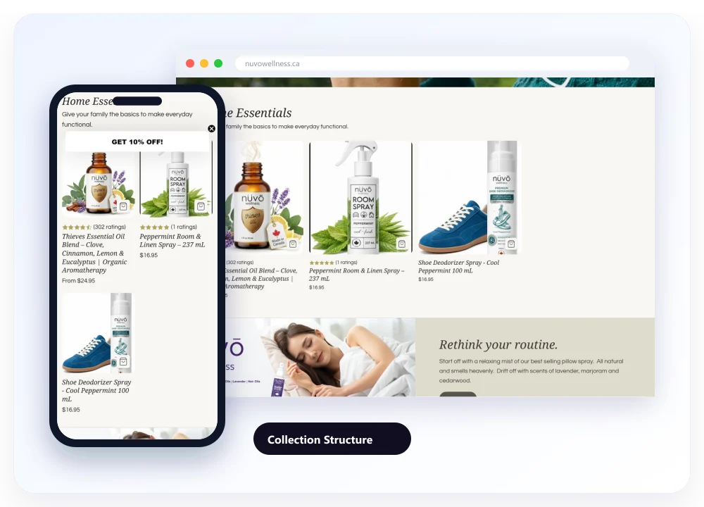 The product collection of nuvowellness.ca on desktop and on a phone