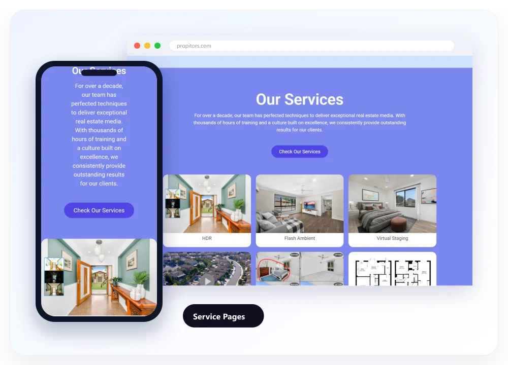 The services grid of propitors.com on desktop and on a phone
