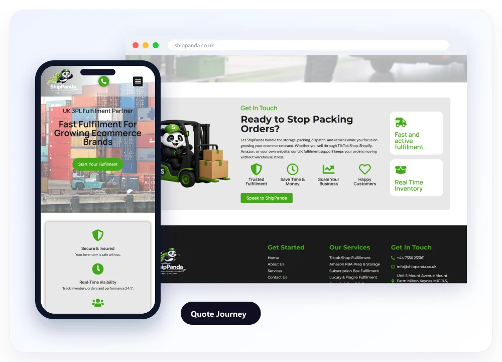 The quote call to action of shippanda.co.uk on desktop and on a phone