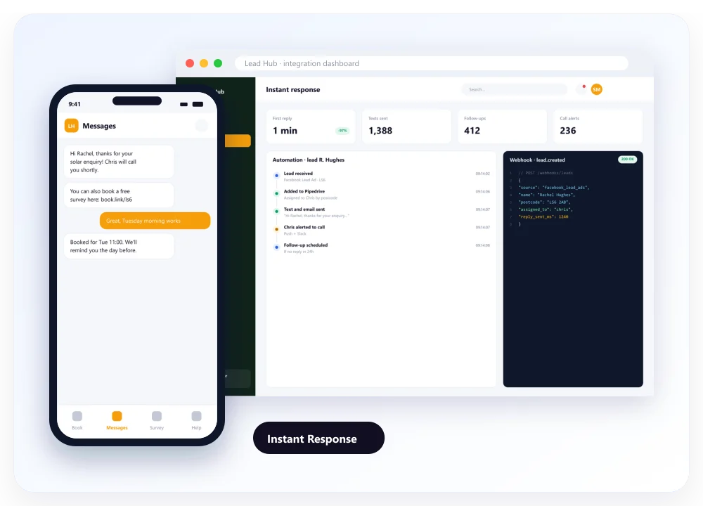 Instant Response: designed screens on desktop and mobile