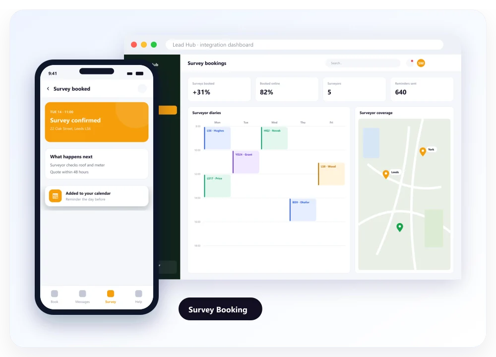 Survey Booking: designed screens on desktop and mobile