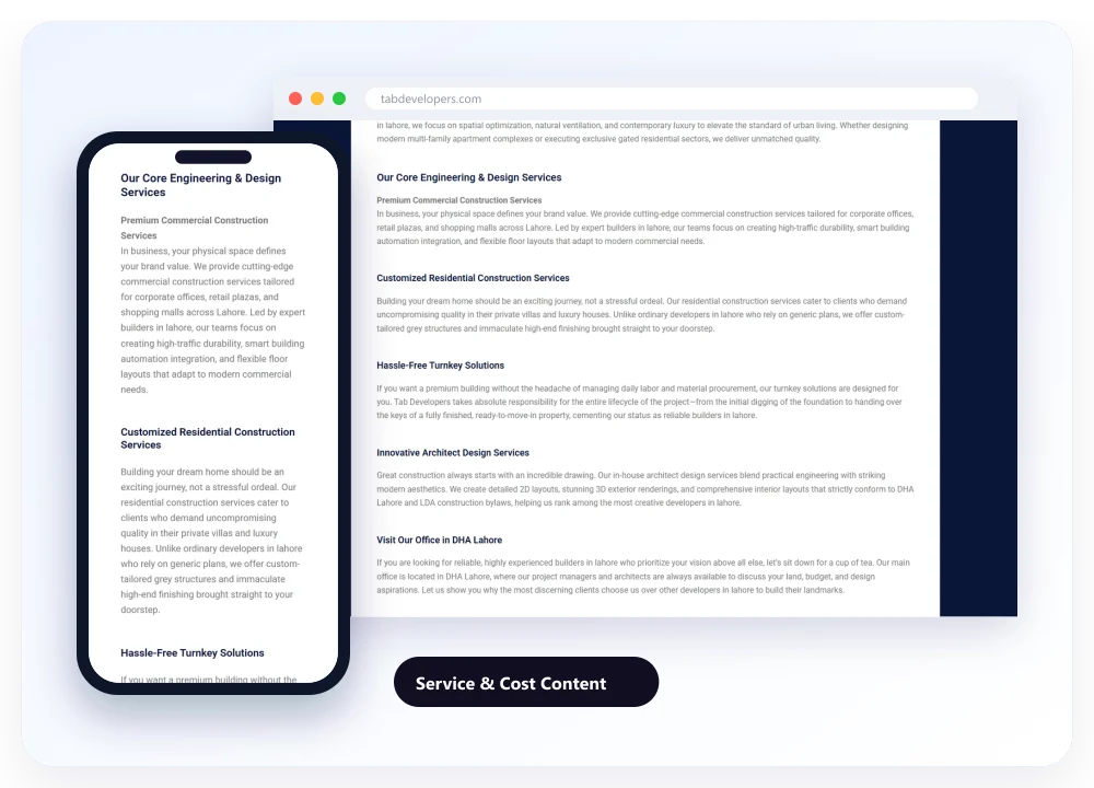 The services content of tabdevelopers.com on desktop and on a phone