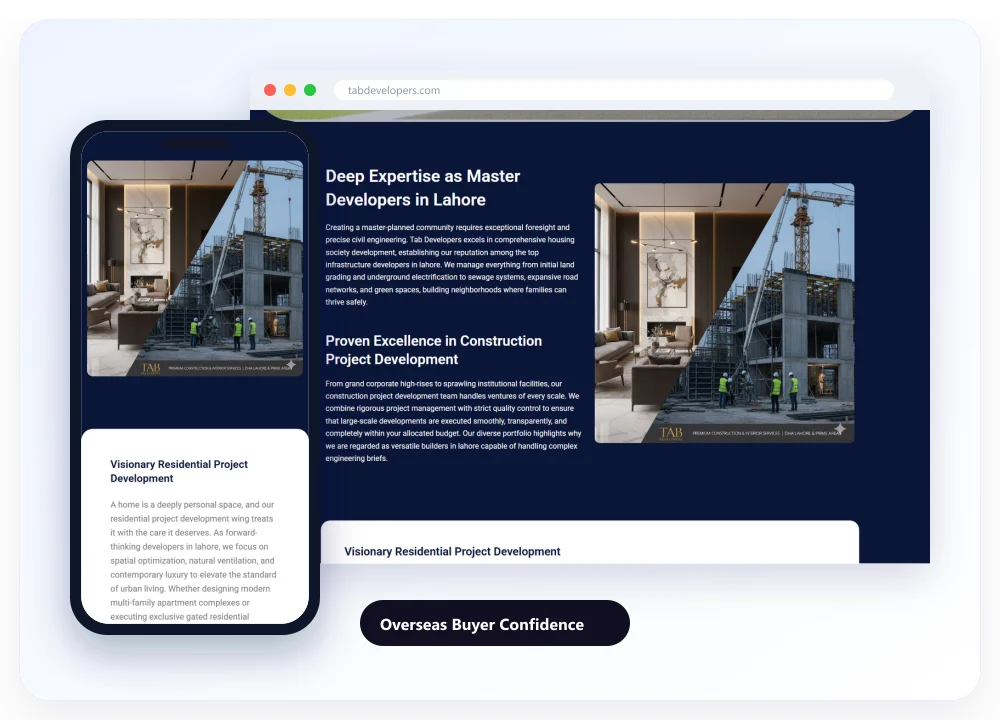 The experience and credentials section of tabdevelopers.com on desktop and on a phone