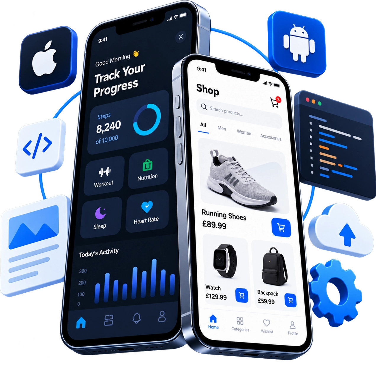 Mobile app development illustration showing iOS and Android app screens