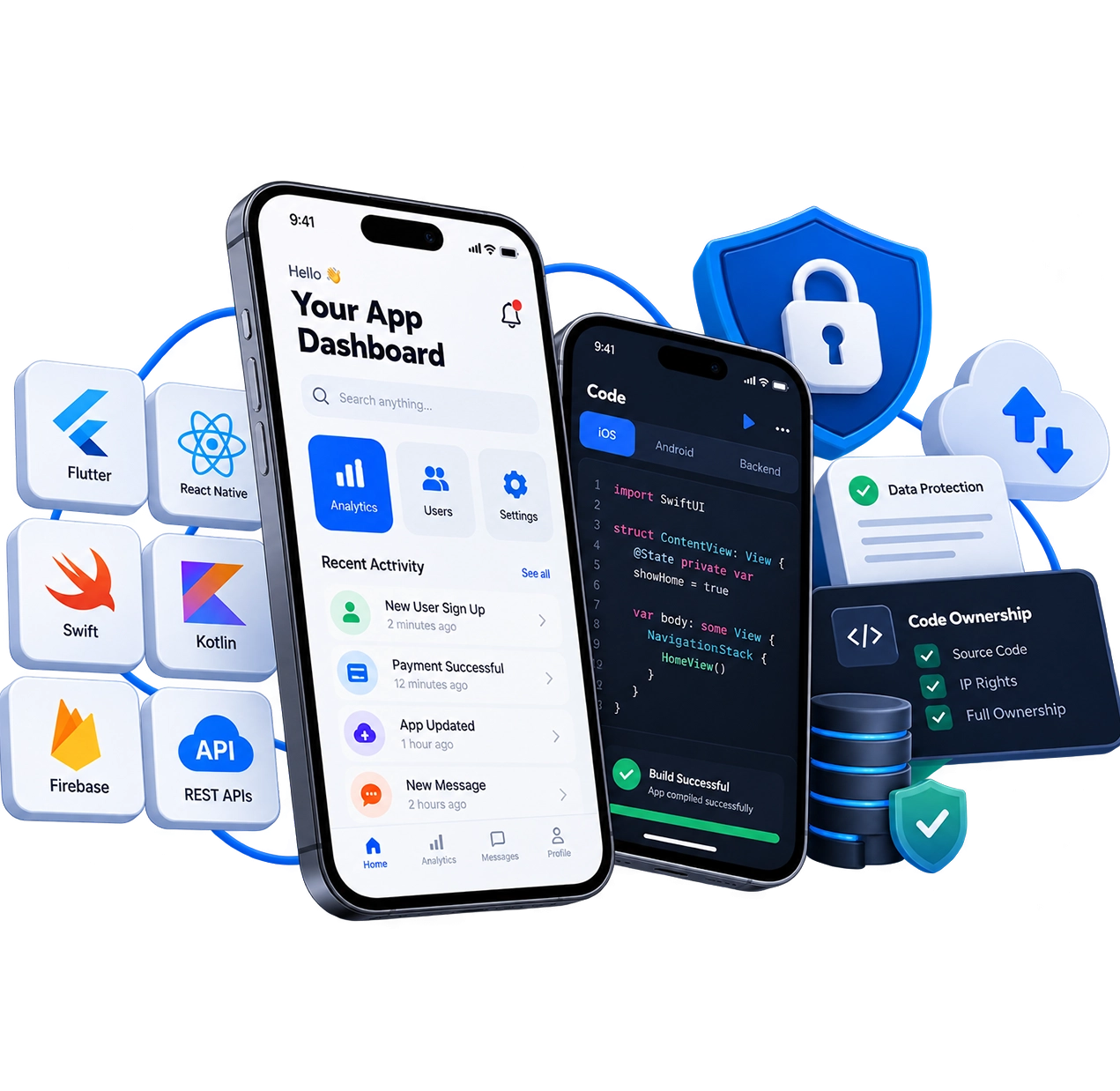 Mobile app development technology and security illustration