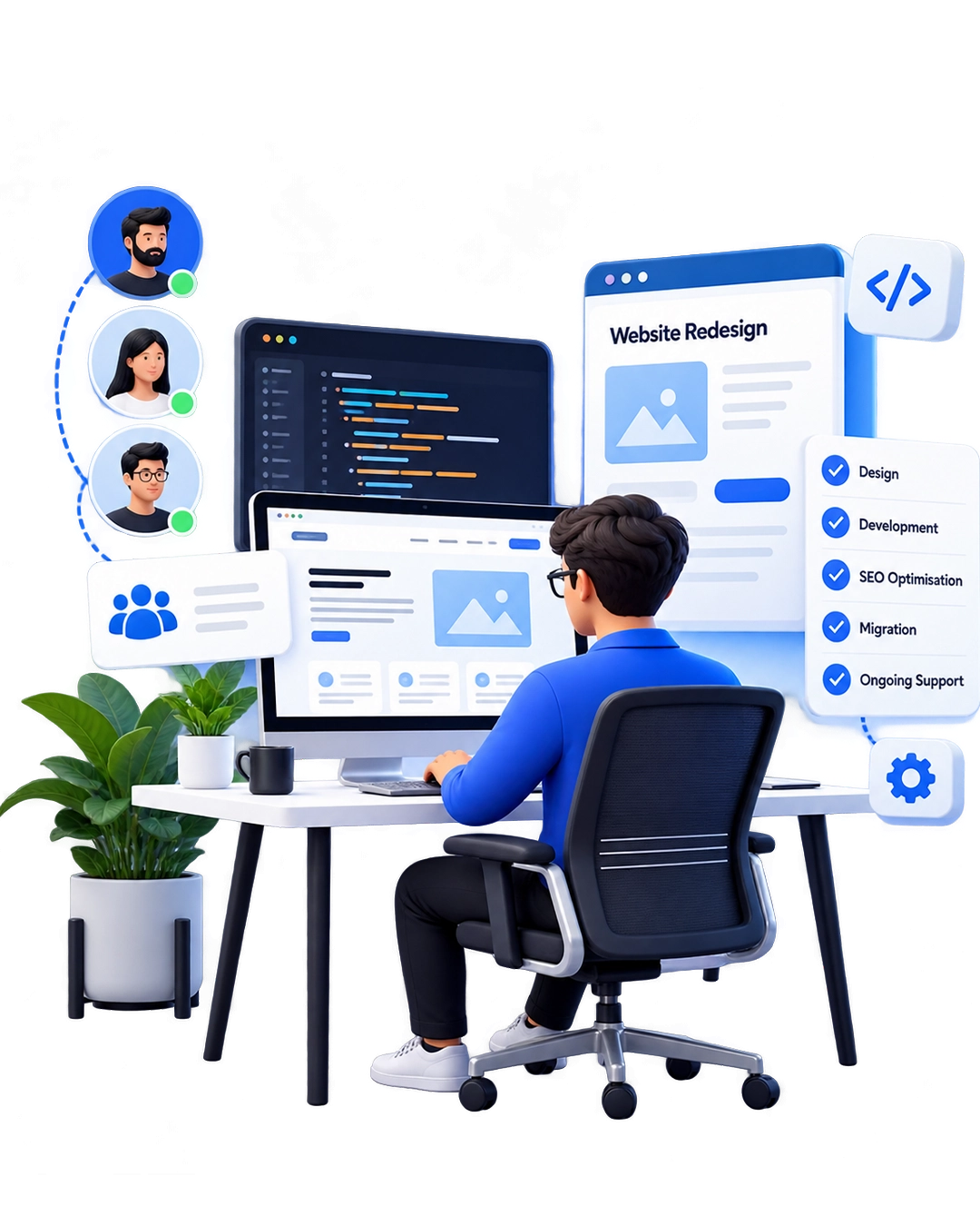 Website redesign developer illustration working on a laptop