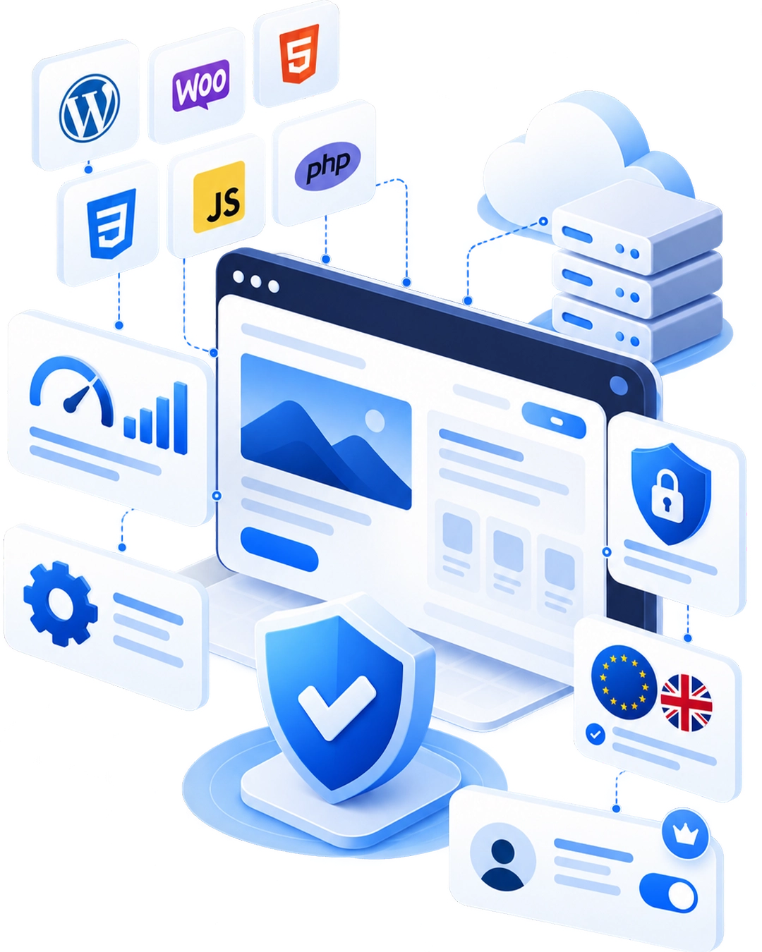 Website redesign technology, security and ownership illustration