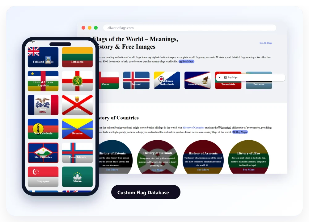 The flag collection of allworldflags.com on desktop and on a phone