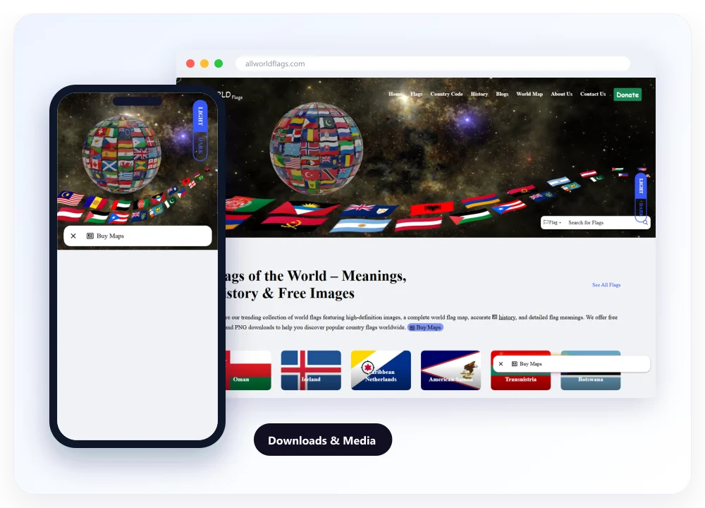 The flag images and downloads of allworldflags.com on desktop and on a phone