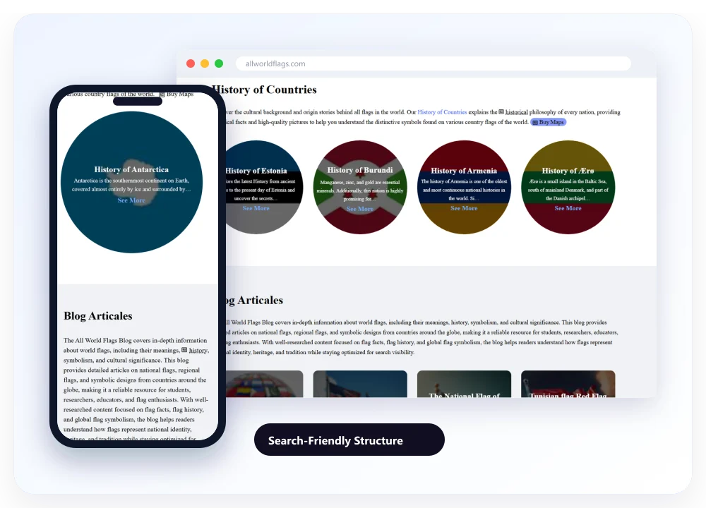 The history of countries pages of allworldflags.com on desktop and on a phone