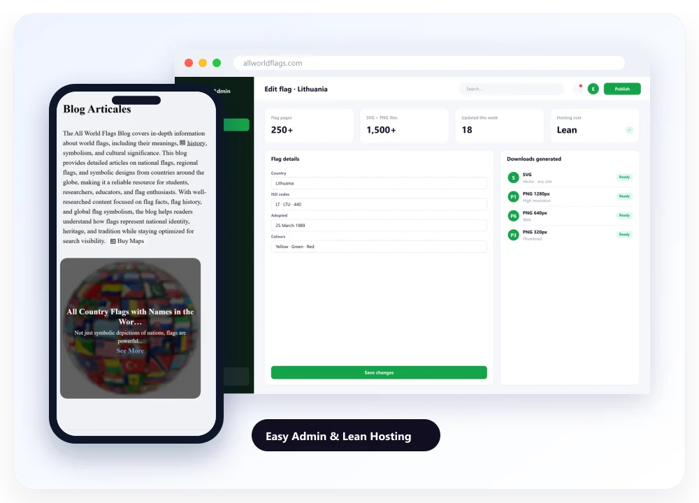 The flag admin panel (designed screen) next to the live site on a phone