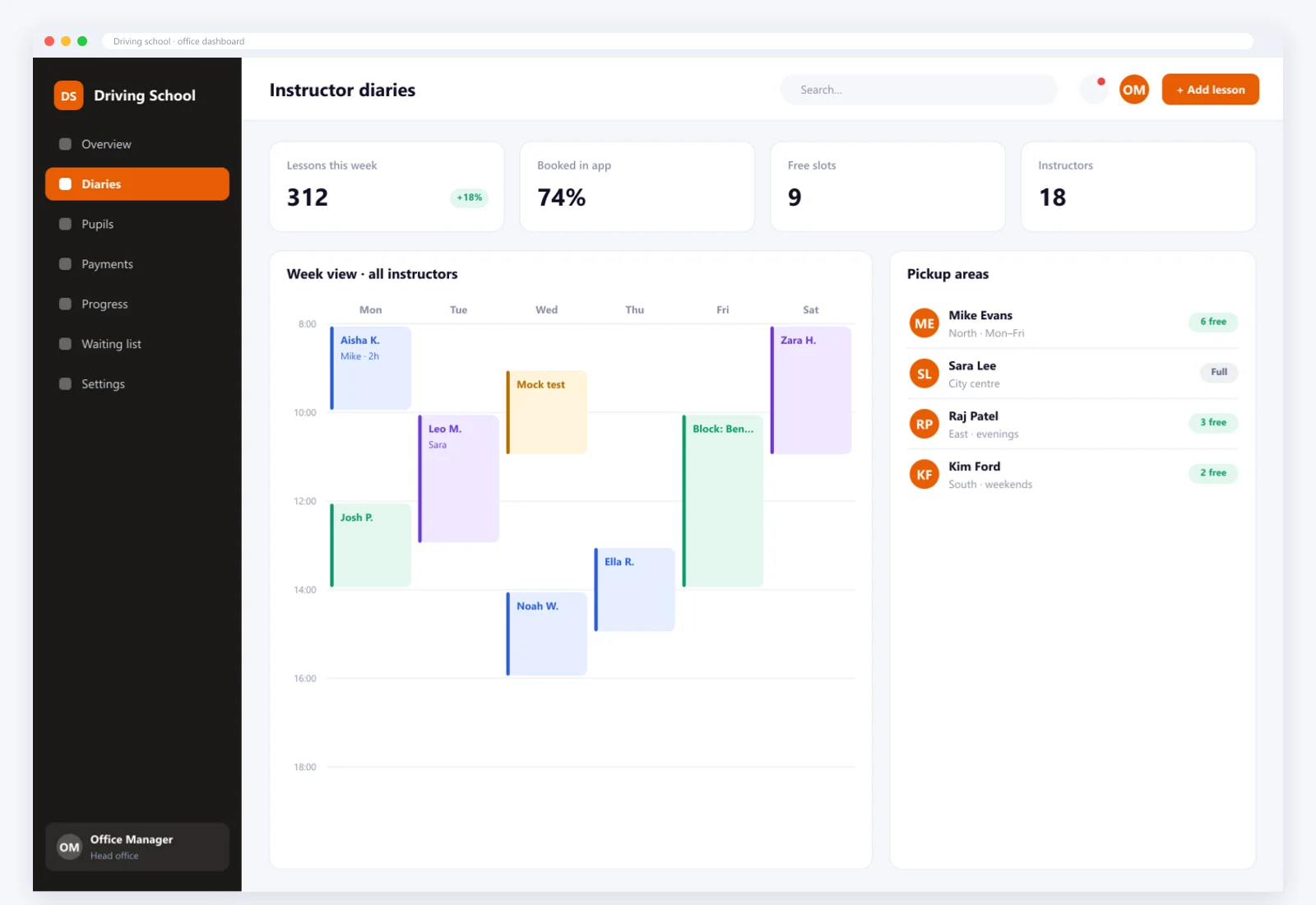 The driving school app dashboard (designed product screen)