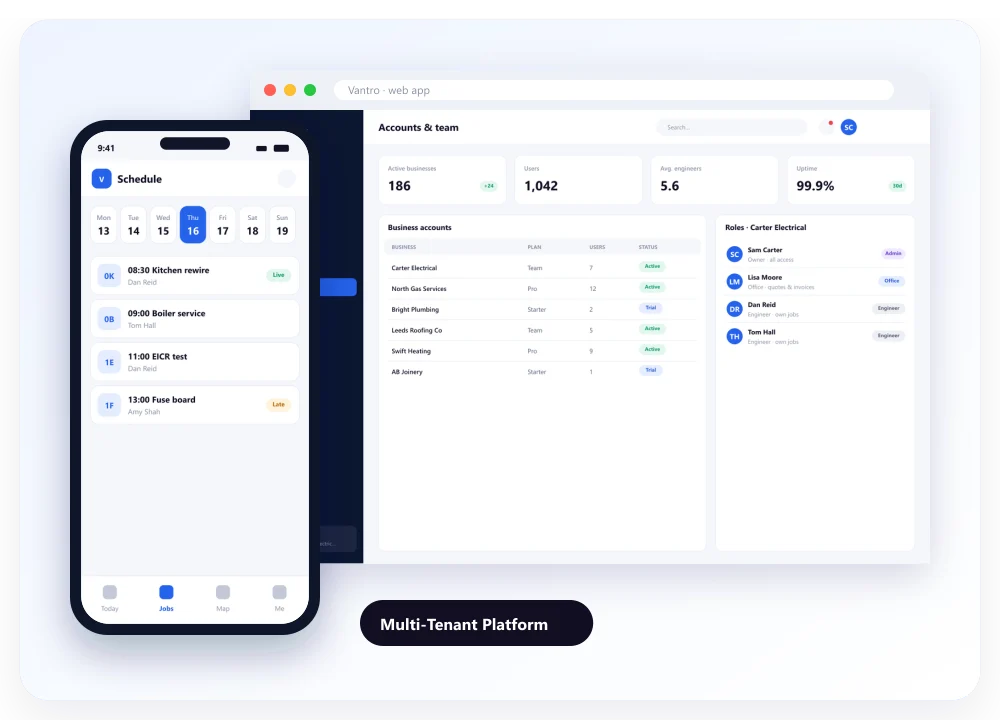 Multi-Tenant Platform: designed screens on desktop and mobile
