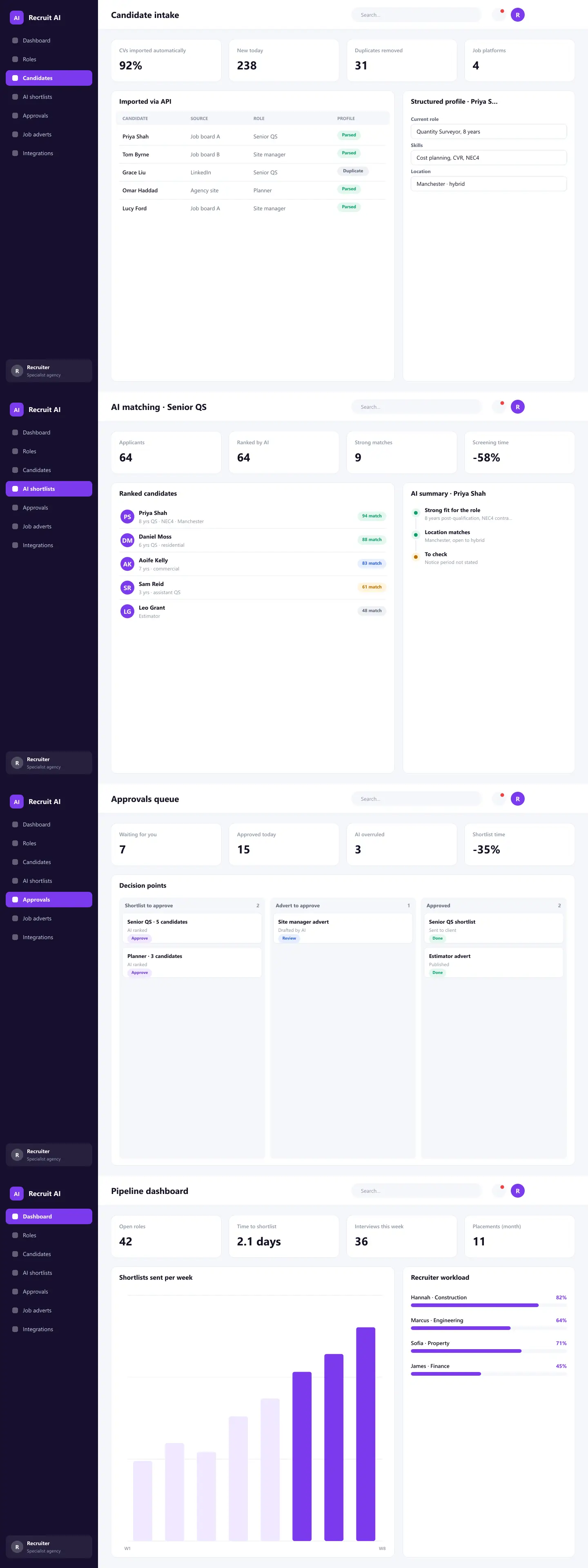 Full page of Recruit AI · web platform on desktop