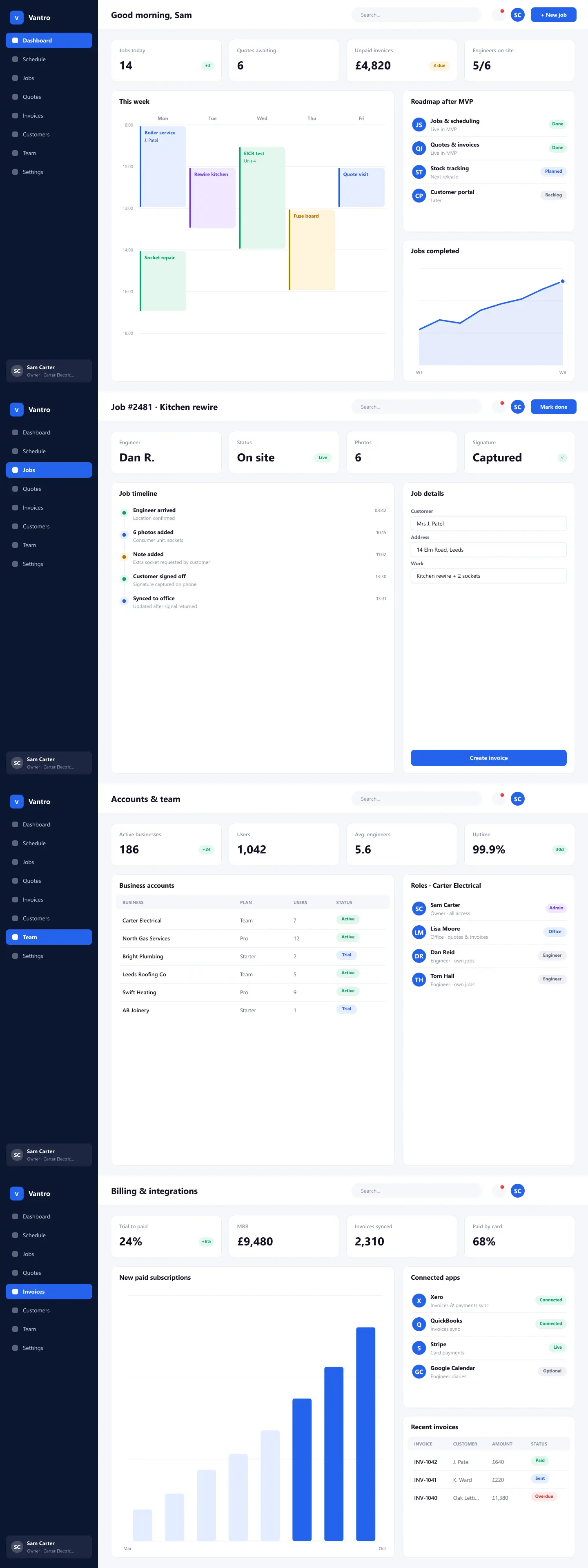 Full page of Vantro · web app on desktop